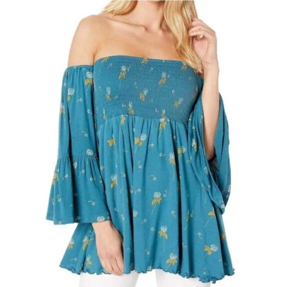 Free People Lana Printed Tunic Top Square Neck in Blue NWOT - Picture 3 of 8